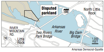 Map showing the location of Disputed parkland by the Two Rivers Park Bridge 