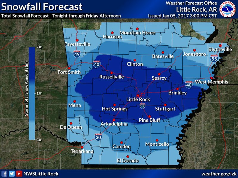 The National Weather Service says up to 2 inches of snow are possible as part of a wintry system that will push through Arkansas late Thursday and into Friday.