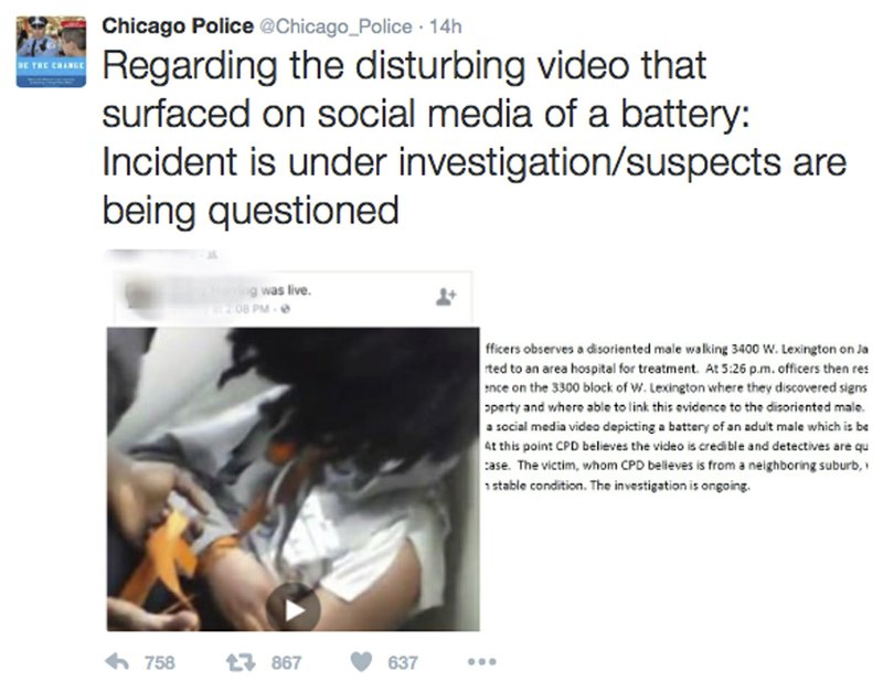 This image posted on the Chicago Police Department's Twitter page shows a frame from a video that was broadcast live on Facebook in which a man is assaulted. 