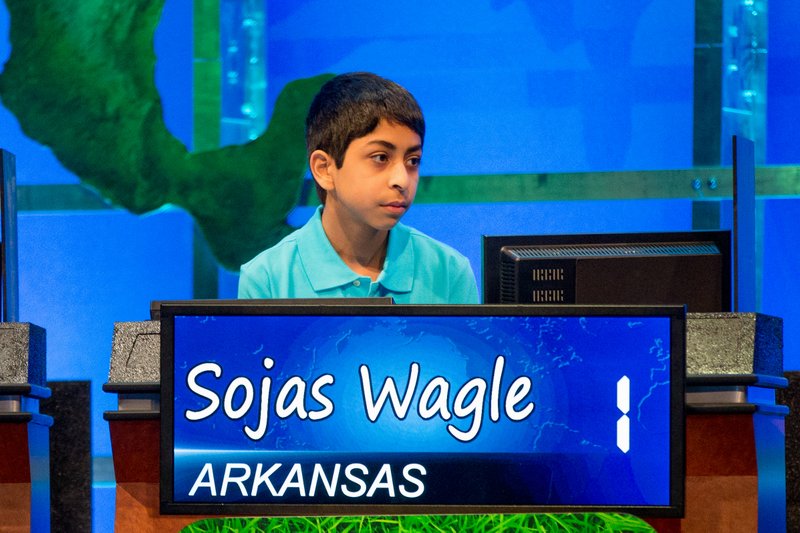 Sojas Wagle of Arkansas participates in the final round of the National Geographic Bee, Wednesday, may 13, 2015, at the National Geographic Society in Washington. (AP Photo/Andrew Harnik)