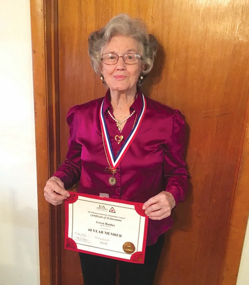 Gwen Battles, 85, of Sidney, was recently recognized by the University of Arkansas Cooperative Extension Service for her 60-year membership and service to the Sharp County Extension Homemakers Club.