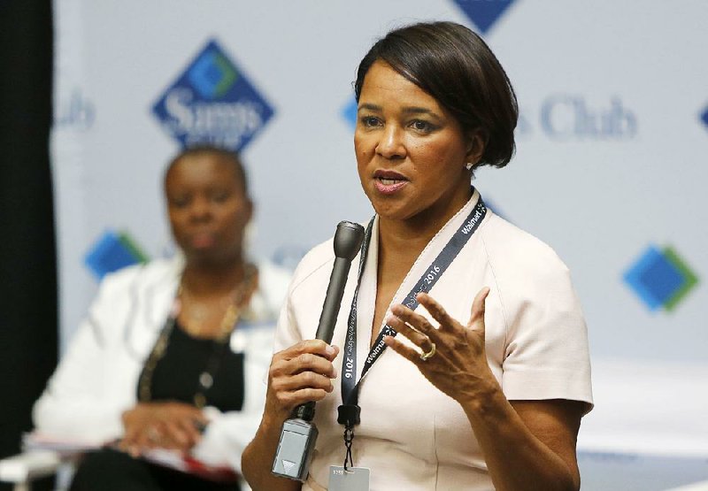 Rosalind Brewer, Sam's Club president and chief executive officer, speaks to members of the media Thursday, June 2, 2016, at the Sam's Club in Bentonville.