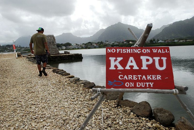 Fishpond researcher Luka Mossman walks along a pond in Kaneoho, Hawaii, last month. “You constantly watch how the natural system works, and you adapt to that,” he said about sustainable aquaculture.