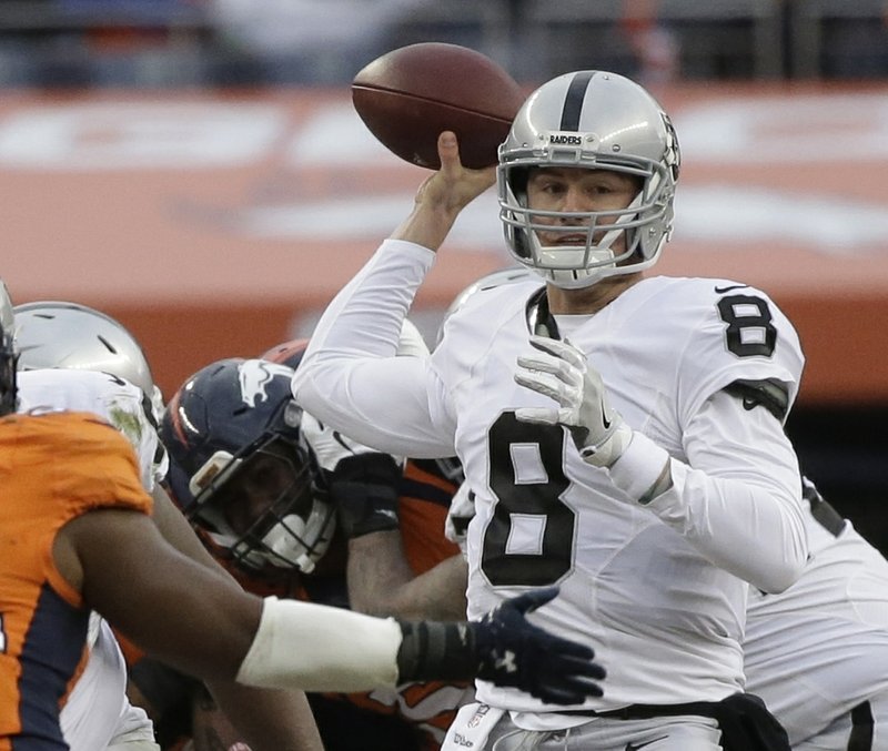 In this Sunday, Jan. 1, 2017, file photo, Oakland Raiders quarterback Connor Cook passes against the Denver Broncos in the first half of an NFL football game in Denver. 