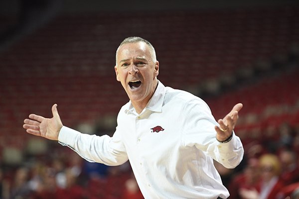Arkansas coach Jimmy Dykes reacts to a call during a game against Mississippi State on Thursday, Jan. 5, 2017, in Fayetteville. 