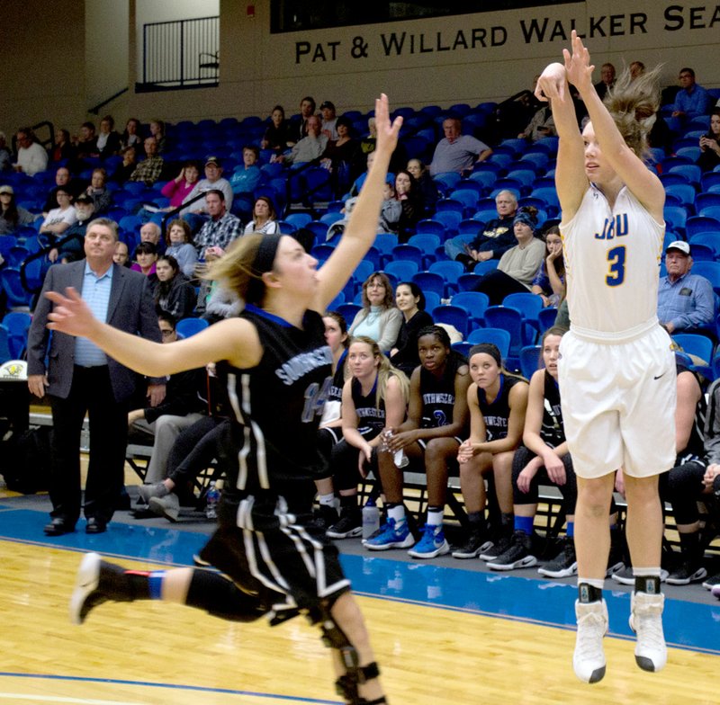 Photo courtesy of JBU Sports Information John Brown junior Jana Schammel scored a game-high 16 points in the Golden Eagles&#8217; 70-43 victory over Southwestern Christian on Thursday in Bill George Arena.