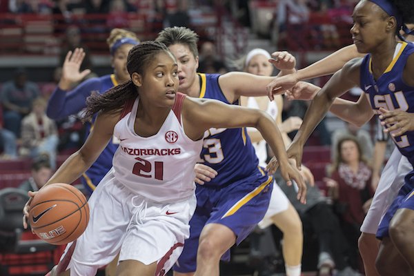 Arkansas' Devin Cosper looks for rom against LSU Sunday Jan. 8, 2017 at Bud Walton Arena in Fayetteville. The Lady Razorbacks lost to the Lady Tigers 52-53.