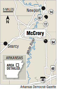 A map showing the location of McCrory.