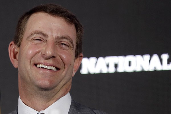 Clemson head coach Dabo Swinney laughs during an NCAA college football news conference Tuesday, Jan. 10, 2017, in Tampa, Fla. Clemson defeated Alabama 35-31 in the College Football Playoff National Championship Game the night before. (AP Photo/Chris O'Meara)

