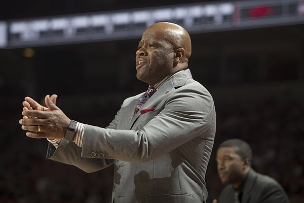 Arkansas coach Mike Anderson watches during a game against Mississippi State on Tuesday, Jan. 10, 2017, in Fayetteville. 