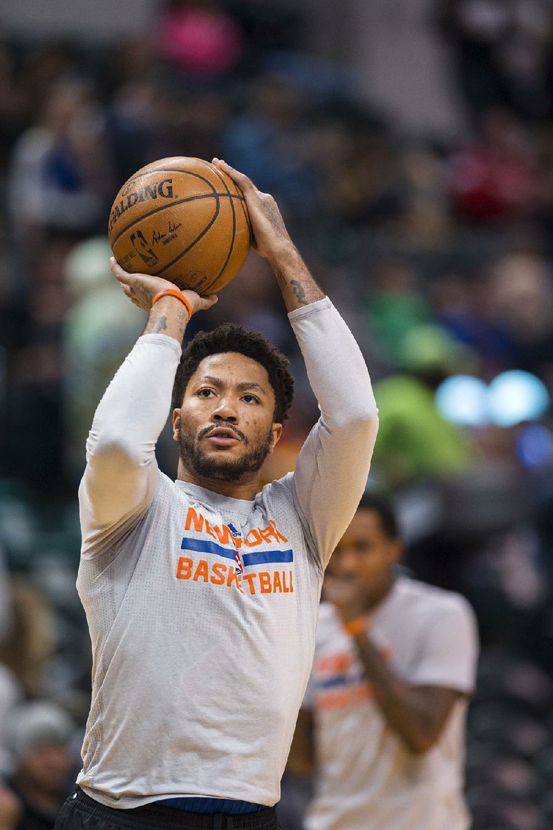 New York Knicks guard Derrick Rose (25) warms up on the court during pregame activities of an NBA basketball game against the Indiana Pacers, Saturday, Jan. 7, 2017, in Indianapolis. 