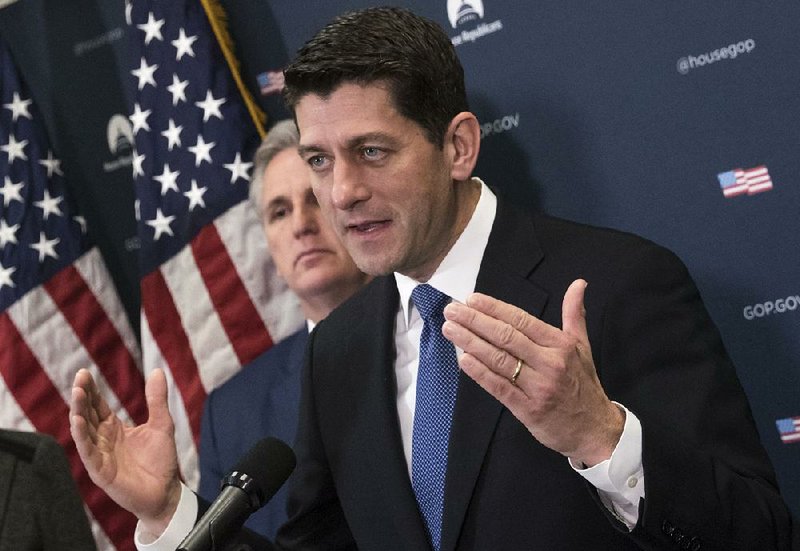 House Speaker Paul Ryan, with House Majority Leader Kevin McCarthy, speaks Tuesday on Capitol Hill to discuss efforts to replace the Affordable Care Act after a meeting with the Republican caucus.