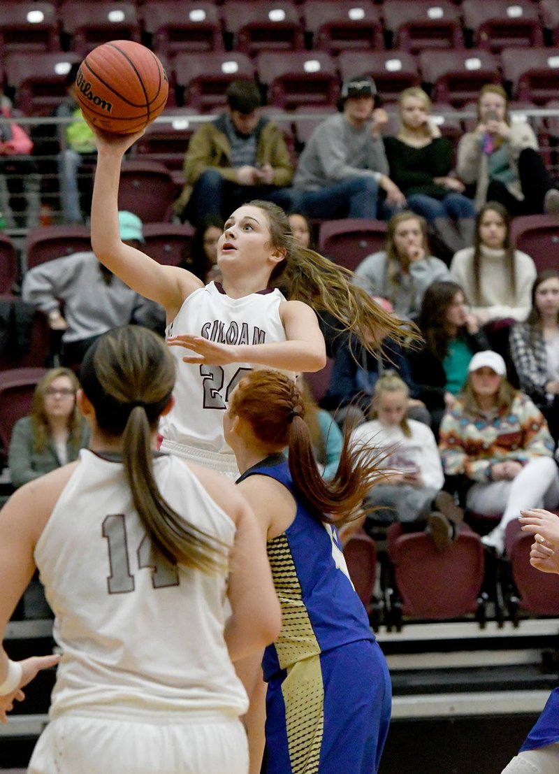 Bud Sullins/Special to the Herald-Leader Siloam Springs sophomore Chloe Price goes up for the shot against Harrison last week. Price and the Lady Panthers played at Clarksville on Tuesday night. Results were not available at presstime. Siloam Springs hosts Alma in a 5A/6A District 1 game on Friday at Panther Activity Center.