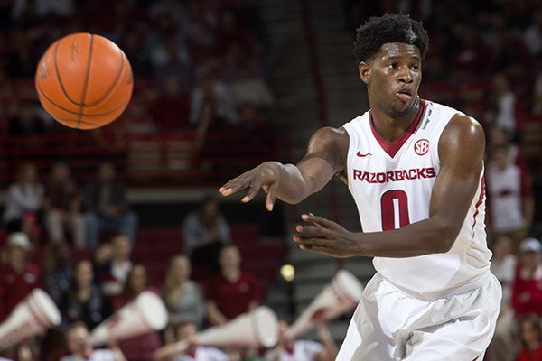 Arkansas guard Jaylen Barford passes the ball during a game against Mississippi State on Tuesday, Jan. 10, 2017, in Fayetteville. 