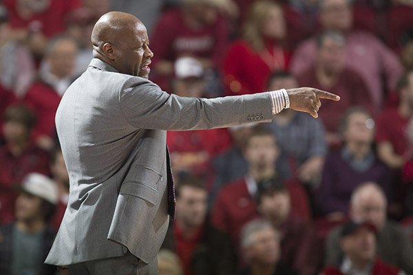 Arkansas coach Mike Anderson points during a game against Mississippi State on Tuesday, Jan. 10, 2017, in Fayetteville. 