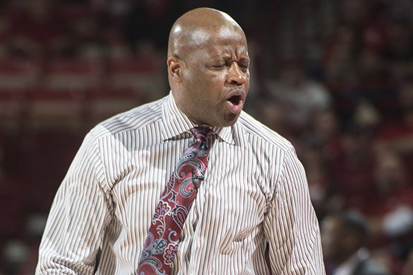 Arkansas coach Mike Anderson reacts to a call during a game against Mississippi State on Tuesday, Jan. 10, 2017, in Fayetteville. 