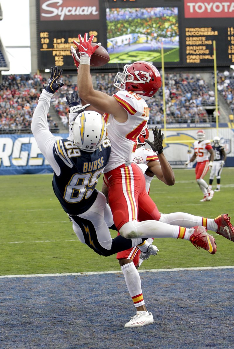 In this Sunday, Jan. 1, 2017, file photo, Kansas City Chiefs defensive back Daniel Sorensen, right, intercepts a pass intended for San Diego Chargers wide receiver Isaiah Burse (89) during the first half of an NFL football game in San Diego. 