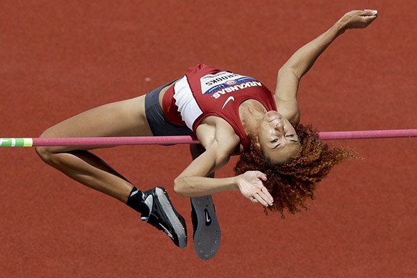 Taliyah Brooks competes during the heptathlon high jump at the U.S. Olympic Track and Field Trials, Saturday, July 9, 2016, in Eugene Ore. (AP Photo/Marcio Jose Sanchez)