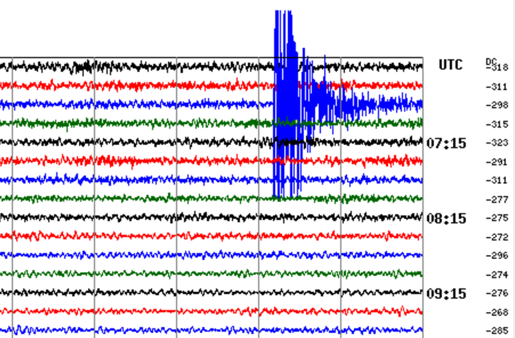 This reading from a seismic station placed in Cane Creek State Park shows an earthquake near Sheridan early Thursday morning. The park is about 45 miles southeast of the quake's epicenter.