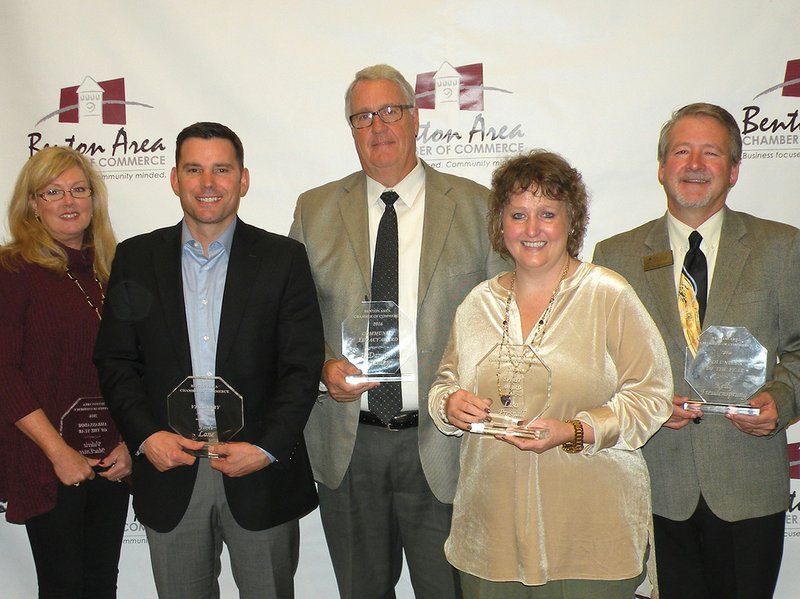 Recognized by the Benton Area Chamber of Commerce are, from left, Valerie MacEntee, who received the Ambassador of the Year award; Josh Lane, who received the Visionary Award; Danny Henley, who received the Community Legacy Award; Lisa Presnall, who received the Spirit Award; and Kelly Freudensprung, who received the Volunteer of the Year award.