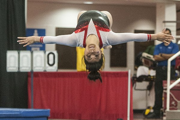 Jessica Yamzon of Arkansas performs a tumbling run on floor against Missouri Friday, Jan. 13, 2017 at Barnhill Arena in Fayetteville. Yamzon was the overall winner from the Razorbacks, but the team lost.