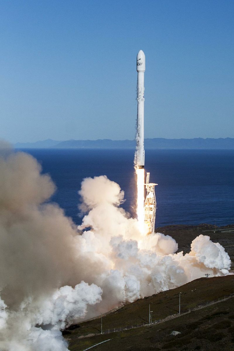 A SpaceX Falcon 9 rocket carrying 10 communications satellites lifts off Saturday from Vandenberg Air Force Base in California.
