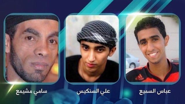 This undated photo released by Bahrain Center for Human Rights, from left to right, shows Sami Mushaima, Ali Al-Singace and Abbas Al-Samea, who were convicted guilty in deadly police bombing and executed this morning in Bahrain. 