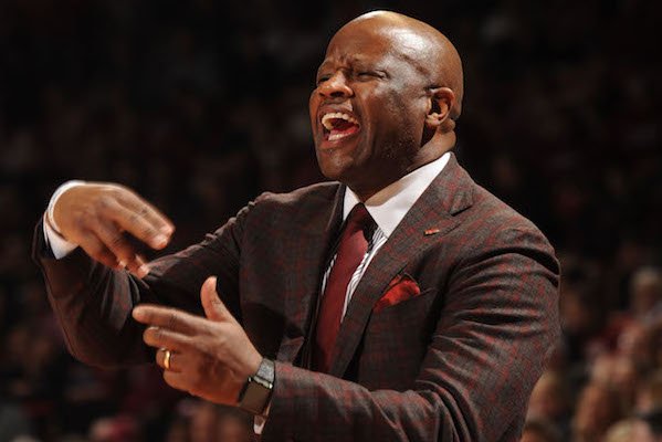 Arkansas coach Mike Anderson directs his team against Missouri Saturday, Jan. 14, 2017, during the second half in Bud Walton Arena. 