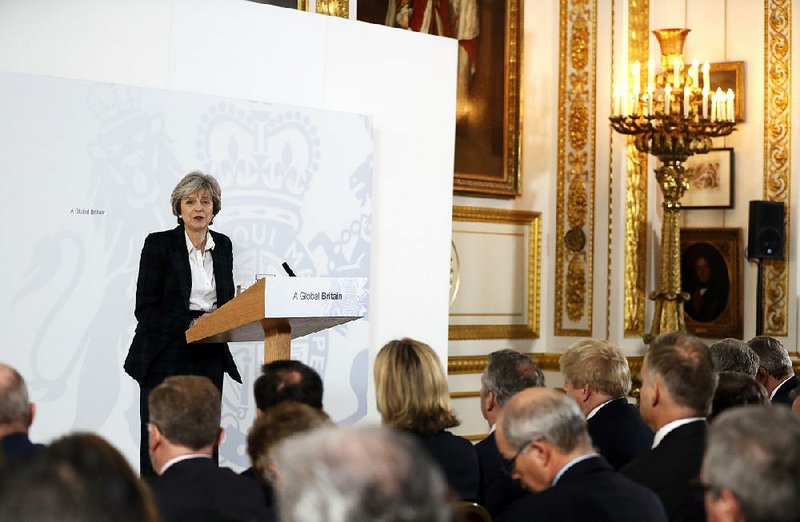 British Prime Minister Theresa May delivers a speech Tuesday about leaving the European Union at Lancaster House in London. 