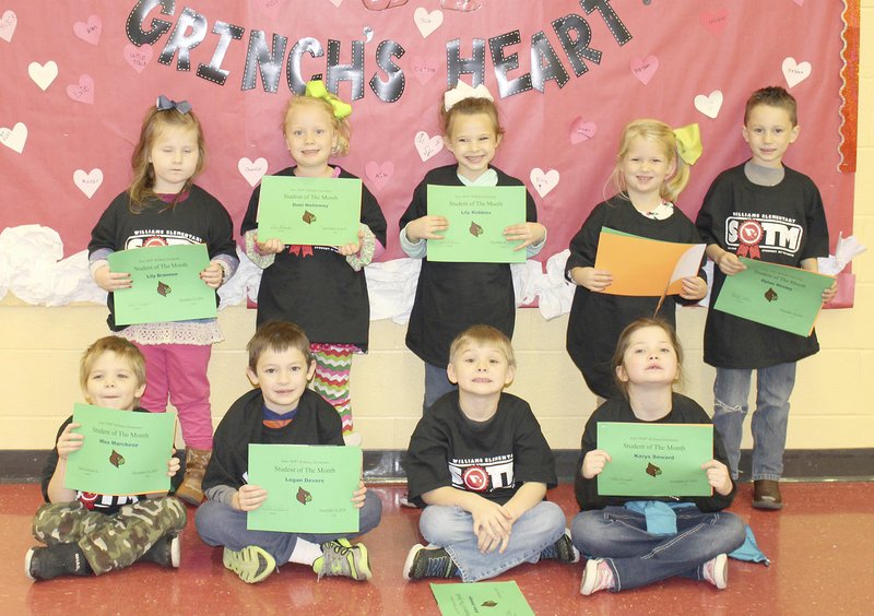 SUBMITTED PHOTO December Students of the Month for Williams Elementary in Farmington: (kindergarten, first grade) back L to R: Lily Brannon, Dani Holloway, Lily Robbins, Maci Noe, Dylan Shirley; front row: L to R Max Marchese, Logan Devers, Aidan Jennings, Karys Seward.