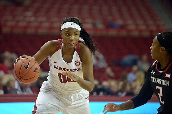 Arkansas senior Jessica Jackson drives to the basket during a game against Texas Tech on Saturday, Dec. 3, 2016, in Fayetteville. 