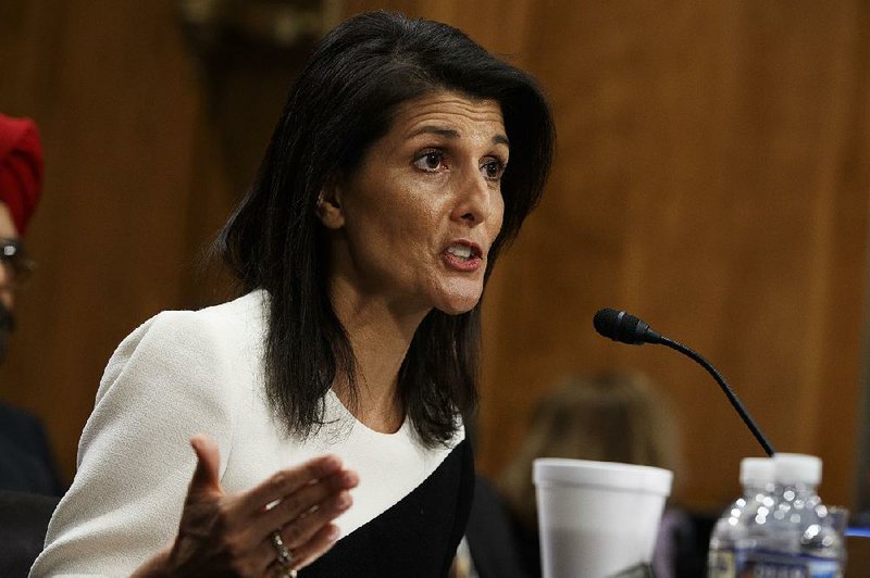 South Carolina Gov. Nikki Haley, nominated for United Nations ambassador, testifies Wednesday at Senate confirmation hearings. Haley sounded a note of skepticism on Russia while defending NATO.