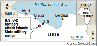 A map showing the site of U.S. B-2 bombing of  Islamic State military camps in Libya.