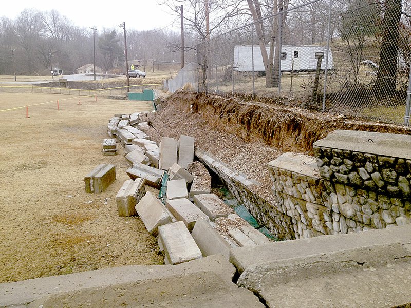 Sally Carroll McDonald County Press Pineville city officials have cordoned off the city ballpark after large concrete blocks from the sidewall came tumbling down. ^ ^