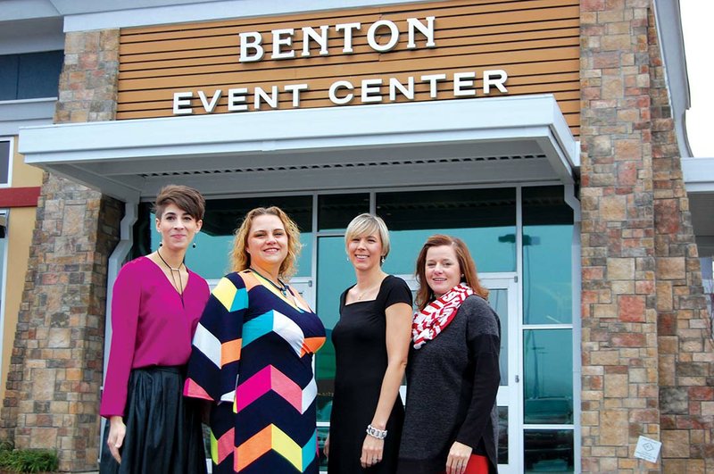 From left, Junior Auxiliary of Saline County member Nancy Everett, president Lauren Lislowe, vice president and provisional trainer Pam Davis and service chair Robyn Wolf pose in front of the Benton Event Center. The center will be the site for Saturday’s 
annual gala to benefit the organization.