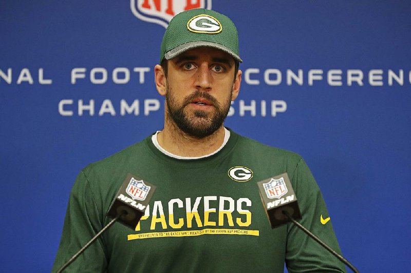 Green Bay Packers quarterback Aaron Rodgers speaks with the media during an NFL press conference Wednesday Jan. 18, 2017, in Green Bay, Wis. 