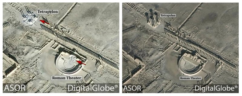 This combination of satellite images released by the American Schools of Oriental Research (ASOR) on Friday, Jan. 20, 2017 as captured by DigitalGlobe shows the Roman theater at the UNESCO World Heritage Site of Palmyra, Syria on Jan. 10, 2017 with new damages indicated in red, left, and the site on Dec. 26, 2016, right. Islamic State group militants destroyed a landmark ancient Roman monument and parts of the theater in Syria's historic town of Palmyra, the government and opposition monitoring groups said Friday. 