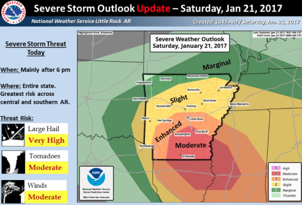 A National Weather Service map of the severe weather expected in Arkansas Saturday.