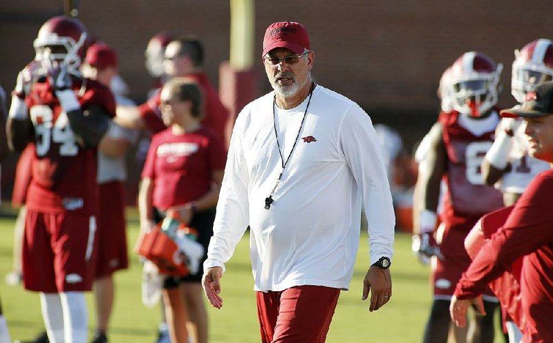 NWA Democrat-Gazette/DAVID GOTTSCHALK  Defensive Back Coach Paul Rhoads or the Arkansas Razorbacks Thursday, August 4, 2016 during practice on campus in Fayetteville.
