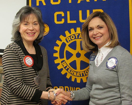 Submitted photo GOOD CHARACTER: Rotarian Melanie Pederson, left, is greeted by HSV Rotary President Donna Aylward during a recent meeting. Pederson is tireless in her efforts to give service to the community.