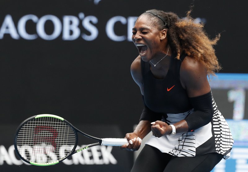 The Associated Press SERENA CELEBRATES: United States' Serena Williams celebrates after winning the first set against Barbora Strycova of the Czech Republic during their fourth round match at the Australian Open tennis championships in Melbourne, Australia, Monday.