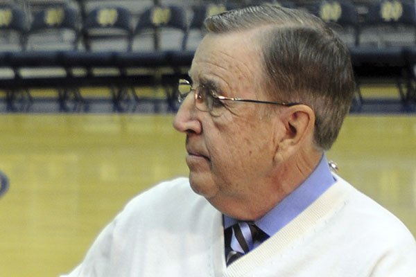 This Feb. 12, 2009, file photo shows ESPN announcer Brent Musburger prior to a college basketball game in South Bend, Ind. (AP Photo/Joe Raymond, File)