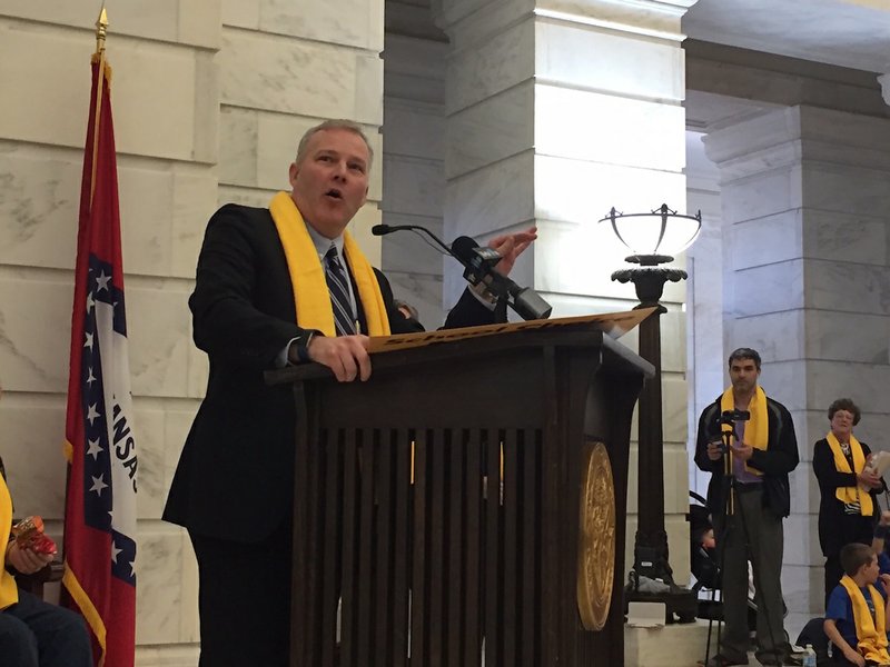 Lt. Gov. Tim Griffin speaks Wednesday, Jan. 25, 2017, at a rally in support of school choice at the state Capitol.