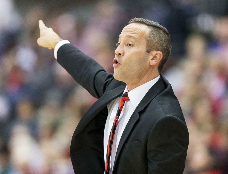 Arkansas State coach Grant McCasland shouts during the team's NCAA college basketball game against Alabama on Wednesday, Dec. 21, 2016, in Huntsville, Ala. 