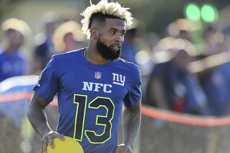 New York Giants Odell Beckham Jr. (13) competes in the Epic Pro Dodgeball event at the 2017 Pro Bowl Skills Challenge on Wednesday, Jan. 25, 2017 in Lake Buena Vista, Fla. (AP Photo/Gregory Payan)