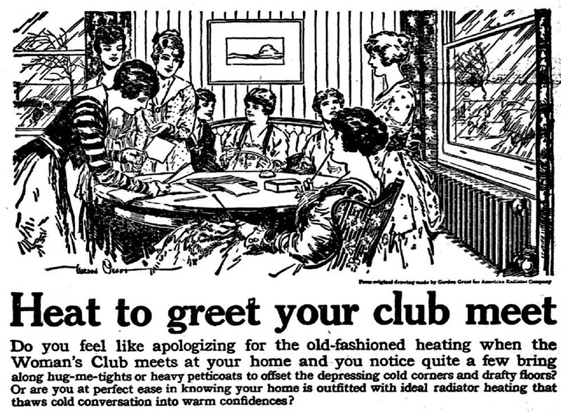 Winter’s chill can’t touch the cozy clubwomen in this illustration from an ad for the American Radiator Co. of St. Louis, which appeared in the Jan. 29, 1917, Arkansas Gazette.
