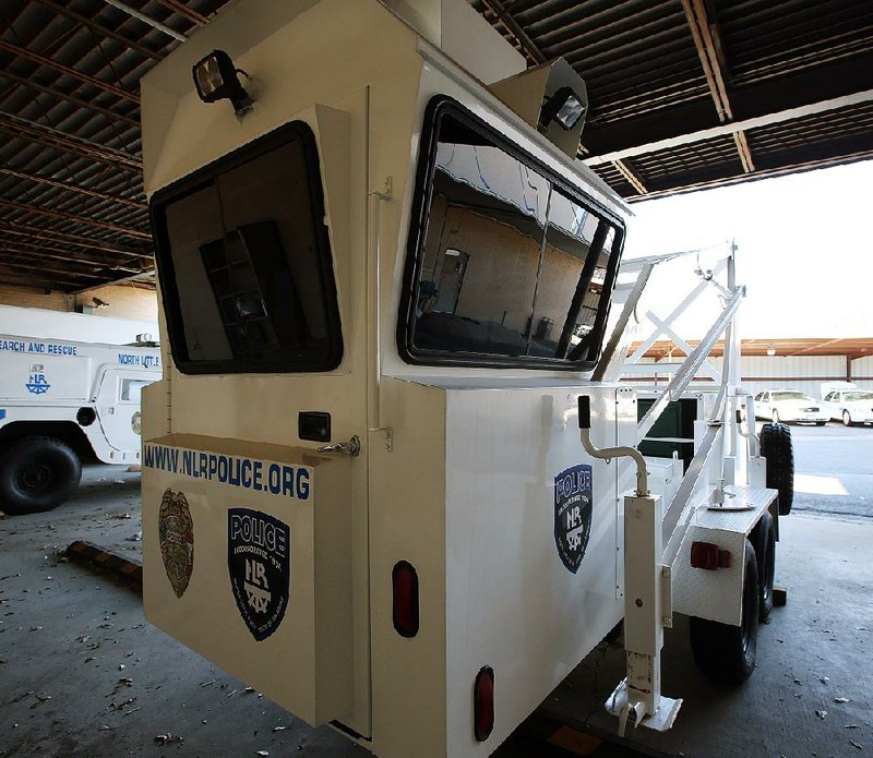 North Little Rock Police Department’s mobile surveillance tower sits Sunday at the police substation at 800 N. Main St. The department has used the tower to monitor large crowds.