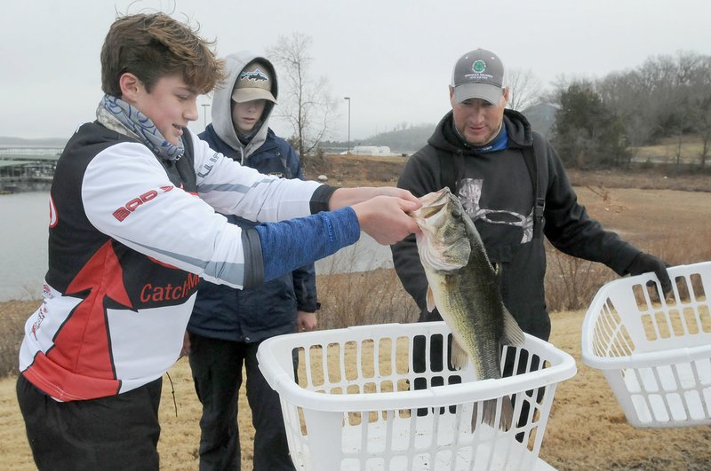 Luke Carter (from left) and Drew Miller, students at Rogers High School, weigh their bass Jan. 14 with Chris Johnson during a high school bass tournament at Beaver Lake. The duo’s big bass weighed 4.92 pounds.
