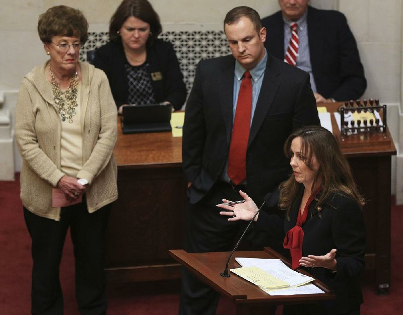 Sens. Jane English (left), Trent Garner and Missy Irvin on Tuesday present a bill to exempt military personnel from paying state income taxes on their retirement benefits.
