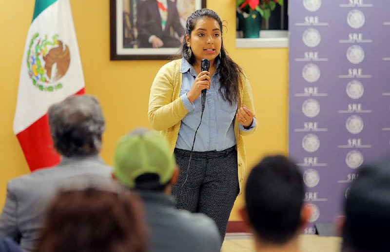 1/31/17
Arkansas Democrat-Gazette/STEPHEN B. THORNTON
Michel Rangel, a field director with Arkansas United, a nonprofit aimed at empowering immigrants, speaks to a packed audience at the Mexican Consulate during a "Know Your Rights" event Tuesday evening in Little Rock.